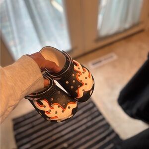 CROCS Kids Shoes with Black and Orange Flame Design